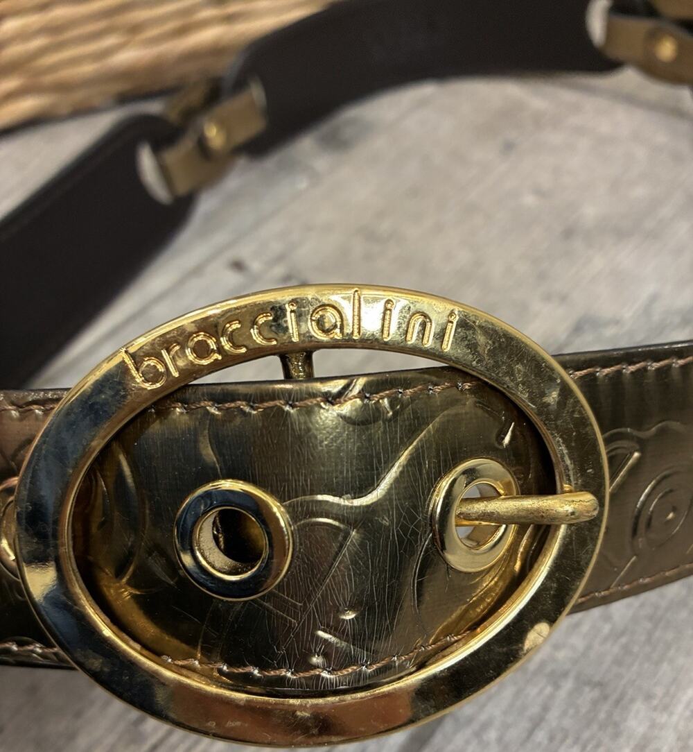 Vtg Braccialini Italy Gold Metallic Leather Belt Embossed Car Fiat Segmented M